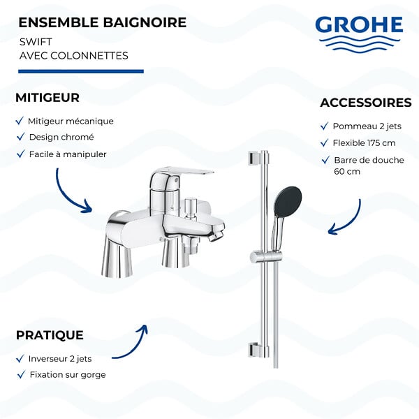 GROHE - Mitigeur baignoire mécanique Swift avec colonnettes Idro'Flex + Barre de douche chromée - large