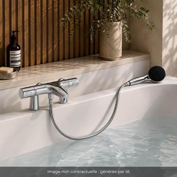 GROHE - Mitigeur baignoire thermostatique Precision Trend avec colonnettes Idro'Flex + Douchette 2 jets Start + Flexible - large