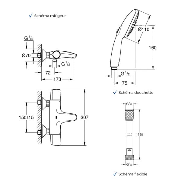 GROHE - Mitigeur baignoire thermostatique Precision Trend avec colonnettes Idro'Flex + Douchette 2 jets Start + Flexible - large