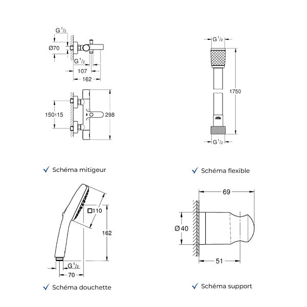 GROHE - Mitigeur baignoire thermostatique Grohtherm 800 Cosmopolitan 1/2 avec colonnettes Idro'Flex + Douchette 2 jets Comfort + Flexible + Support - large