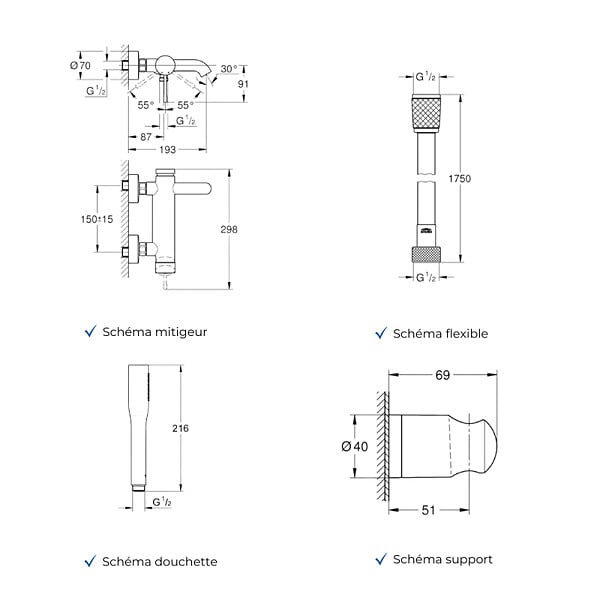 GROHE - Mitigeur baignoire mécanique Essence avec colonnettes Idro'Flex + Douchette 1 jet + Flexible + Support - large
