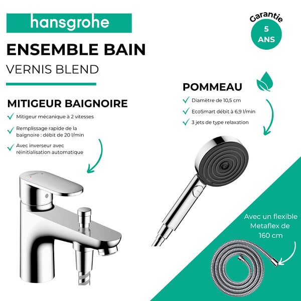 HANSGROHE - Pack mitigeur bain douche mécanique Vernis Blend C2 + Pommeau de douche Pulsify Select 105 + Flexible Metaflex chromé - large