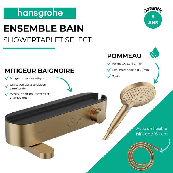 HANSGROHE - Pack mitigeur bain douche thermostatique ShowerTablet Select + Flexible Isiflex + Douchette Raindance Bronze brossé - large