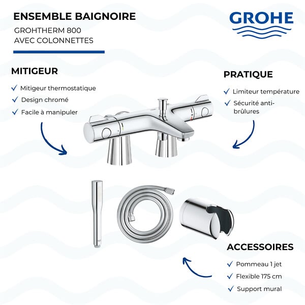 GROHE - Mitigeur baignoire thermostatique Grohtherm 800 avec colonnettes Idro'Flex + Douchette 1 jet + Flexible + Support - large