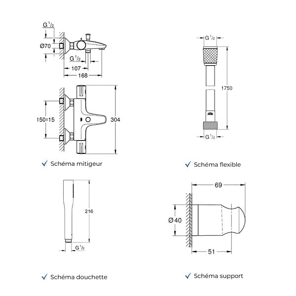 GROHE - Mitigeur baignoire thermostatique Grohtherm 800 avec colonnettes Idro'Flex + Douchette 1 jet + Flexible + Support - large