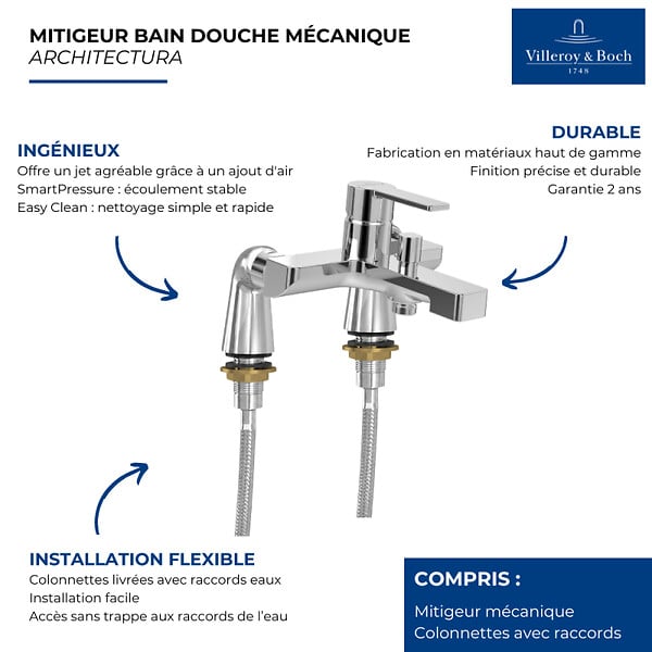 VILLEROY ET BOCH - Mitigeur bain douche mécanique  Architectura chrome - large