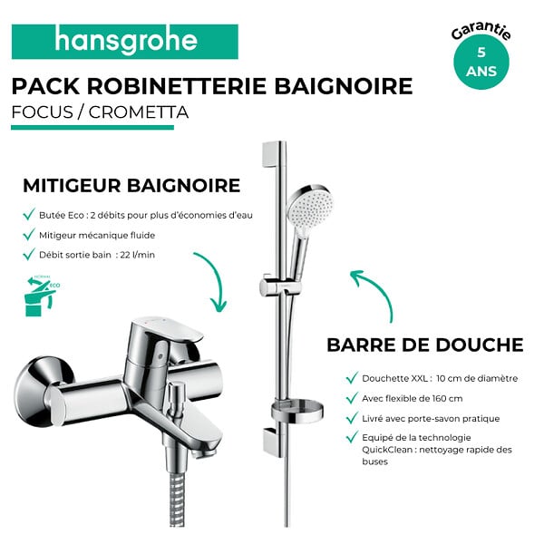 HANSGROHE - Pack mitigeur baignoire mécanique Focus C2 chromé + Ensemble de douche Crometta 2 jets blanc/chromé - large