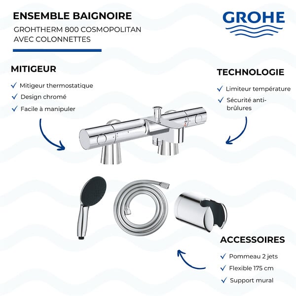 GROHE - Mitigeur baignoire thermostatique Grohtherm 800 Cosmopolitan 1/2 avec colonnettes Idro'Flex + Douchette 2 jets Start + Flexible + Support - large