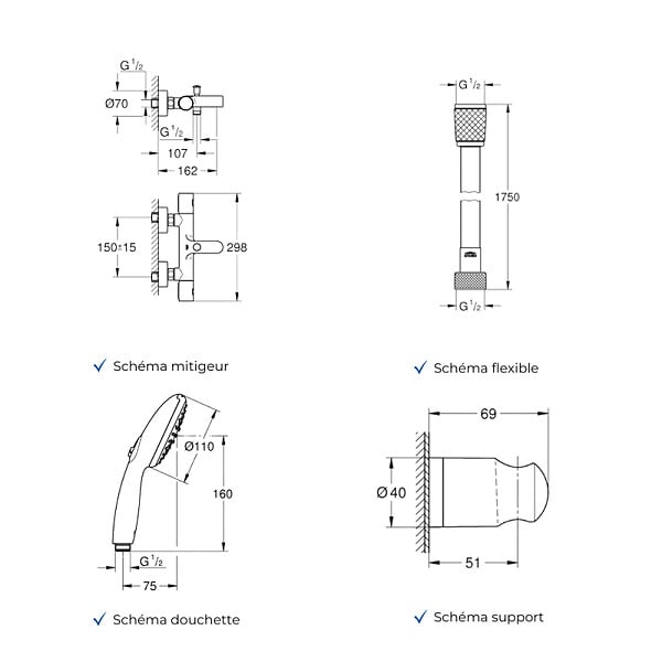 GROHE - Mitigeur baignoire thermostatique Grohtherm 800 Cosmopolitan 1/2 avec colonnettes Idro'Flex + Douchette 2 jets Start + Flexible + Support - large