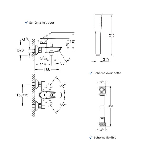 GROHE - Mitigeur baignoire mécanique Start Loop avec colonnettes Idro'Flex + Douchette 1 jet + Flexible - large