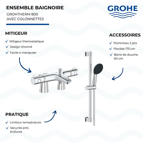 GROHE - Mitigeur baignoire thermostatique Grohtherm 800 avec colonnettes Idro'Flex + Ensemble douche Vitalio Start - large