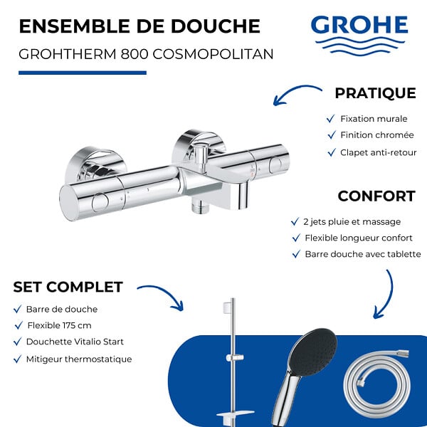 GROHE - Pack mitigeur BD thermostatique Grohtherm 800 Cosmopolitan + Douchette Vitalio Start 110 + Barre Quickflix + Flexible - large