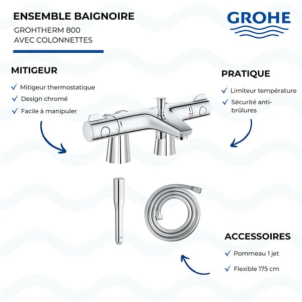 GROHE - Mitigeur baignoire thermostatique Grohtherm 800 avec colonnettes Idro'Flex + Douchette 1 jet + Flexible - large