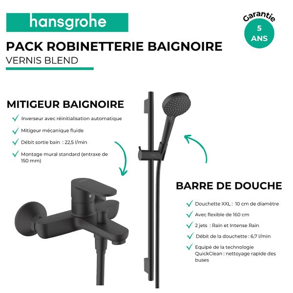 HANSGROHE - Pack mitigeur baignoire mécanique Vernis Blend + Ensemble pommeau Vernis Blend EcoSmart 2 jets avec barre noir mat - large