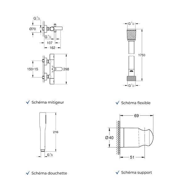 GROHE - Mitigeur baignoire thermostatique Precision Get avec colonnettes Idro'Flex + Douchette 1 jet + Flexible + Support - large