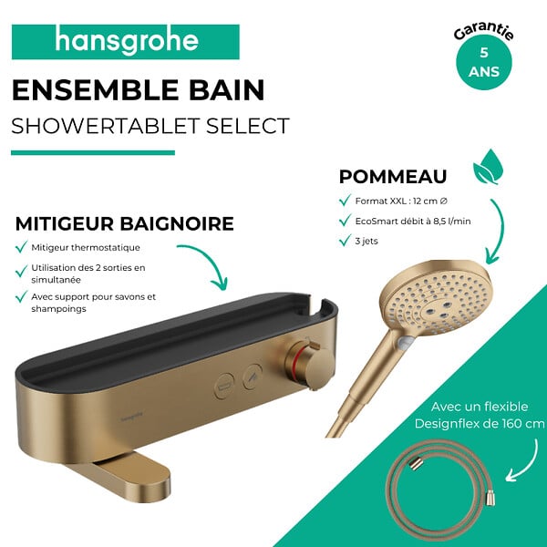 HANSGROHE - Pack mitigeur bain douche thermostatique ShowerTablet Select + Designflex + Douchette Raindance 3 jets Bronze brossé - large