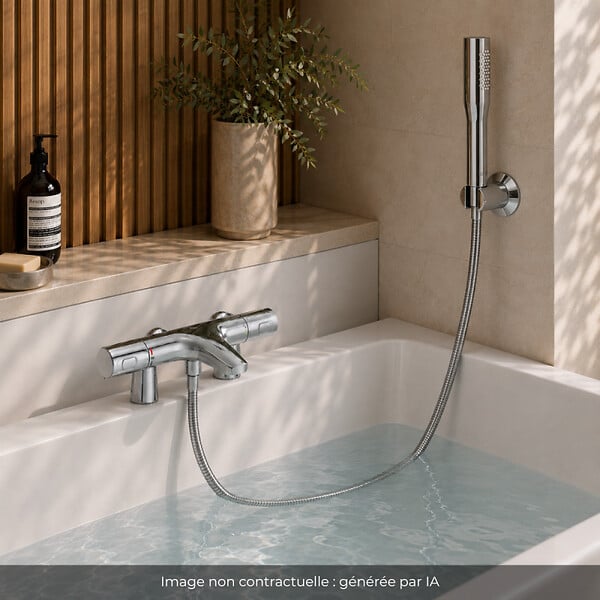 GROHE - Mitigeur baignoire thermostatique Precision Trend avec colonnettes Idro'Flex + Douchette 1 jet + Flexible + Support - large