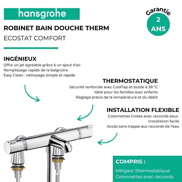 HANSGROHE - Mitigeur bain douche thermostatique Ecostat Comfort chromé - large