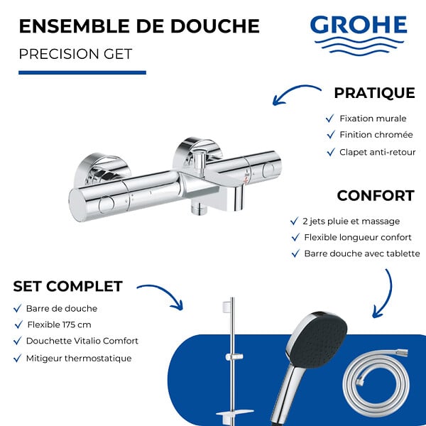 GROHE - Pack mitigeur BD thermostatique Precision Get + Douchette Vitalio Comfort + Barre Quickflix Vitalio Smartactive + Flexible - large