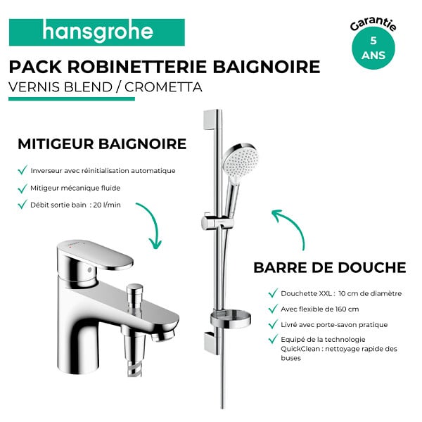 HANSGROHE - Pack mitigeur baignoire mécanique monotrou Vernis Blend chromé + Ensemble de douche Crometta 2 jets blanc/chromé - large