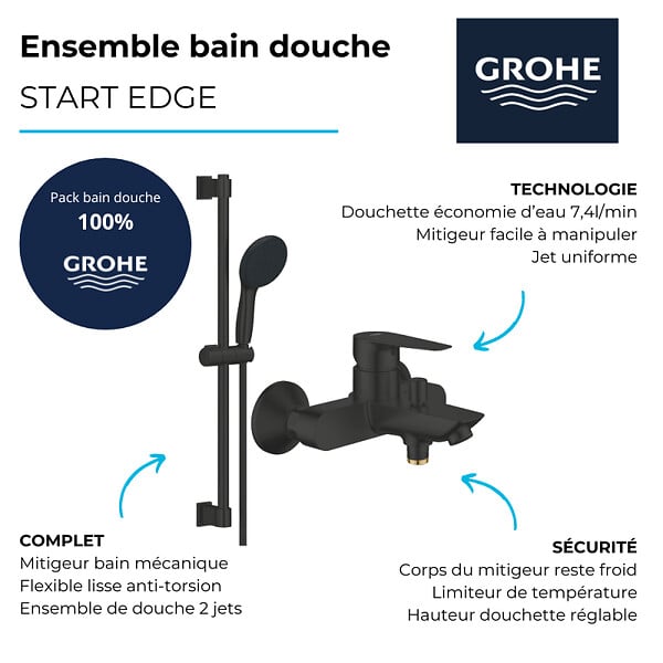 GROHE - Mitigeur bain douche mécanique Start Edge 2020 Noir mat + Ensemble de douche 2 jets avec barre Vitalio Start 110 - large