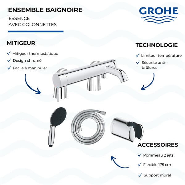 GROHE - Mitigeur baignoire mécanique Essence avec colonnettes Idro'Flex + Douchette 2 jets Start + Flexible + Support - large