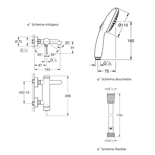 GROHE - Mitigeur baignoire mécanique Essence avec colonnettes Idro'Flex + Douchette 2 jets Start + Flexible + Support - large