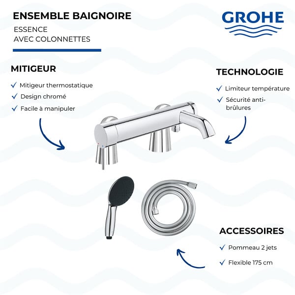 GROHE - Mitigeur baignoire mécanique Essence avec colonnettes Idro'Flex + Douchette 2 jets Start + Flexible - large