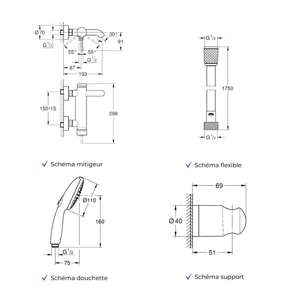 GROHE - Mitigeur baignoire mécanique Essence avec colonnettes Idro'Flex + Douchette 2 jets Start + Flexible - large