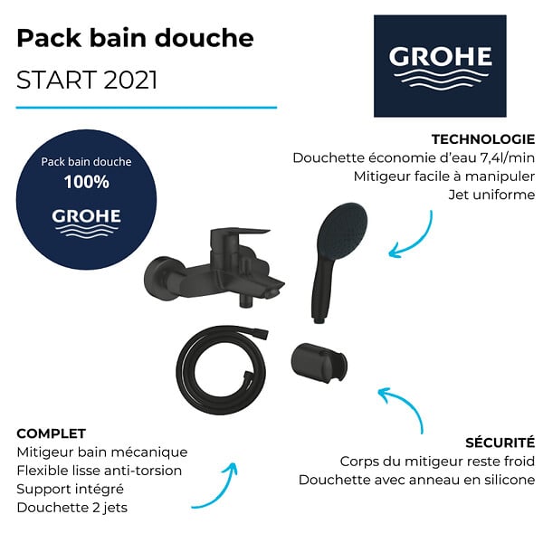 GROHE - Mitigeur bain douche mécanique Start 2021 noir mat + Douchette 2 jets Vitalio Start 110 avec flexible et support - large