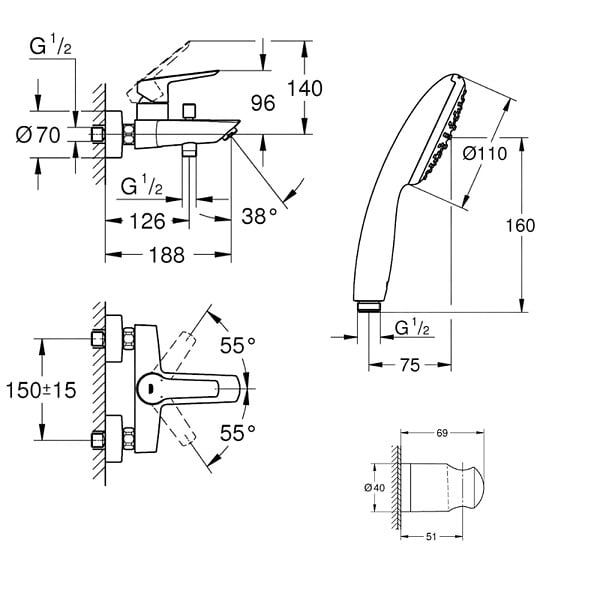 GROHE - Mitigeur bain douche mécanique Start 2021 noir mat + Douchette 2 jets Vitalio Start 110 avec flexible et support - large