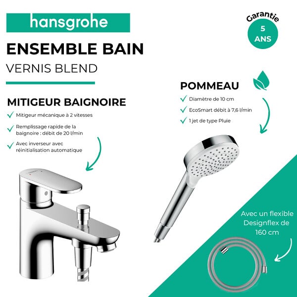HANSGROHE - Pack mitigeur bain douche mécanique Vernis Blend C2 + Pommeau de douche Crometta + Flexible Designflex chromé - large