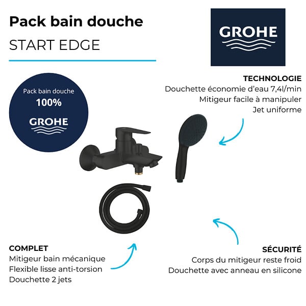 GROHE - Mitigeur bain douche mécanique Start Edge 2020 noir mat + Douchette 2 jets Vitalio Start 110 + Flexible - large