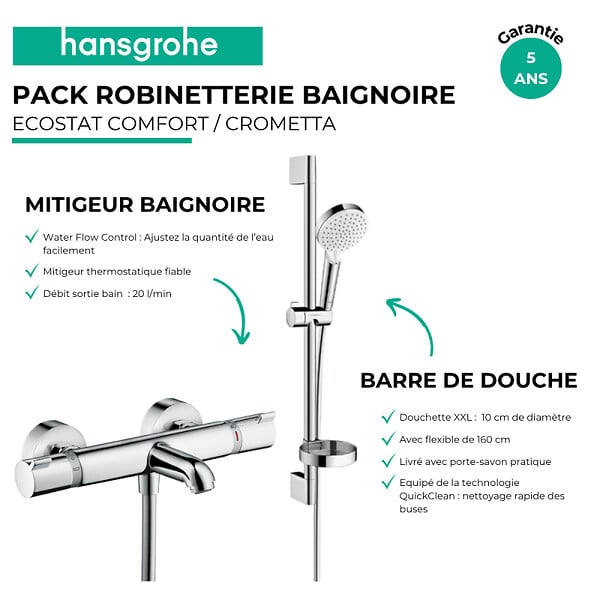 HANSGROHE - Pack mitigeur baignoire thermostatique Ecostat Comfort chromé + Ensemble de douche Crometta 2 jets blanc/chromé - large