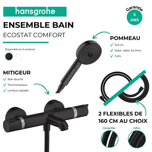HANSGROHE - Pack mitigeur bain douche thermostatique Ecostat Comfort + Flexible Designflex + Pommeau Pulsify 3jets Relaxation noir - large