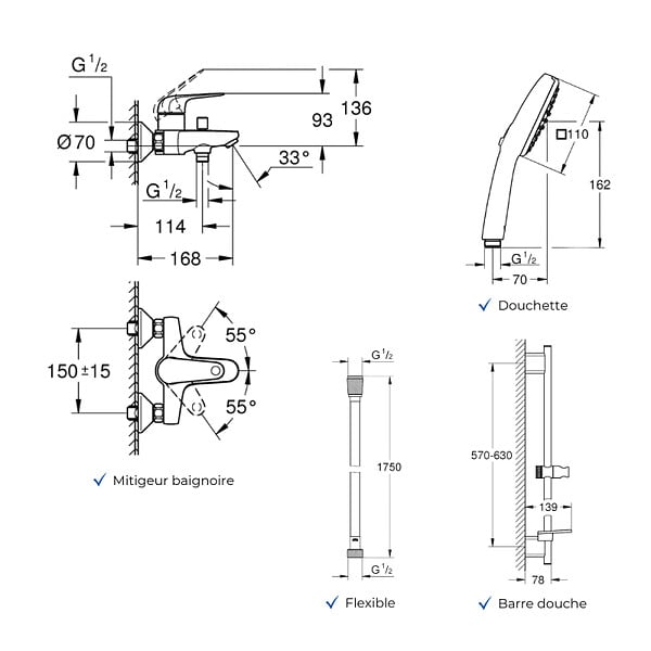GROHE - Pack mitigeur BD mécanique Swift + Douchette Vitalio Comfort 110 + Barre Quickflix Vitalio Smartactive + Flexible - large