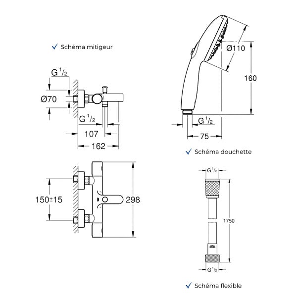 GROHE - Mitigeur baignoire thermostatique Grohtherm 800 Cosmopolitan 1/2 avec colonnettes Idro'Flex + Douchette 2 jets Start + Flexible - large