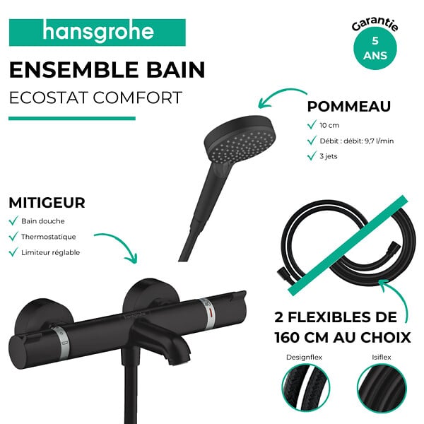 HANSGROHE - Pack mitigeur bain douche thermostatique Ecostat Comfort  + Flexible Designflex + Pommeau Vernis Blend Vario noir mat - large