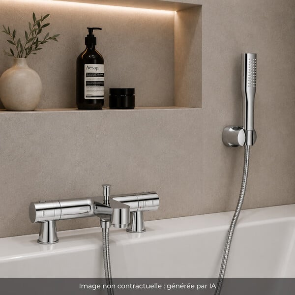 GROHE - Mitigeur baignoire thermostatique Grohtherm 800 Cosmopolitan 1/2 avec colonnettes Idro'Flex + Douchette 1 jet + Flexible + Support - large