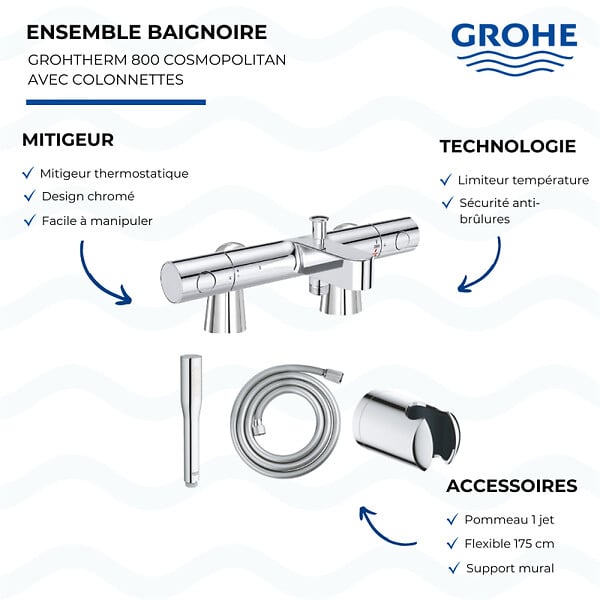 GROHE - Mitigeur baignoire thermostatique Grohtherm 800 Cosmopolitan 1/2 avec colonnettes Idro'Flex + Douchette 1 jet + Flexible + Support - large