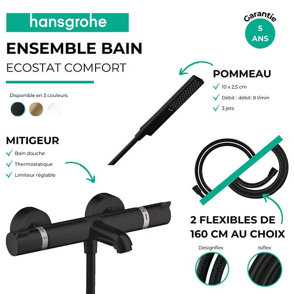 HANSGROHE - Pack mitigeur bain douche thermostatique Ecostat Comfort + Flexible Isiflex + Pommeau Pulsify E noir mat - large