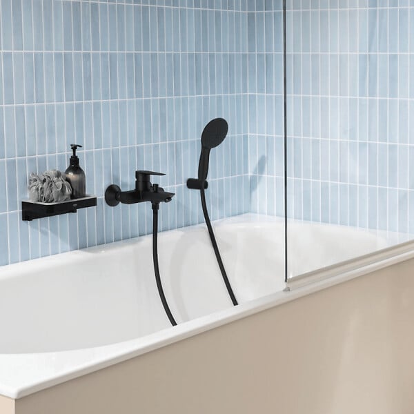 GROHE - Mitigeur bain douche mécanique Start Edge 2020 noir mat + Douchette 2 jets Vitalio Start 110 avec flexible et support - large