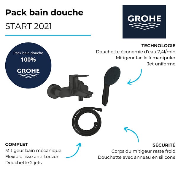 GROHE - Mitigeur bain douche mécanique Start 2021 noir mat + Douchette 2 jets Vitalio Start 110 + Flexible - large