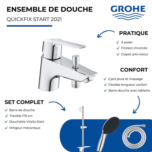 GROHE - Pack mitigeur BD mécanique Quickfix Start + Douchette Vitalio Start 110 + Barre Quickfix Vitalio Smartactive + Flexible - large