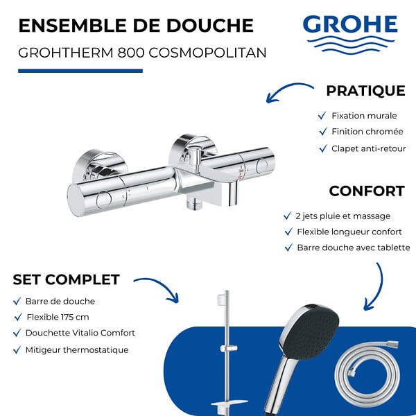 GROHE - Pack mitigeur BD thermostatique Grohtherm 800 Cosmopolitan + Douchette Vitalio Comfort + Barre + Flexible - large