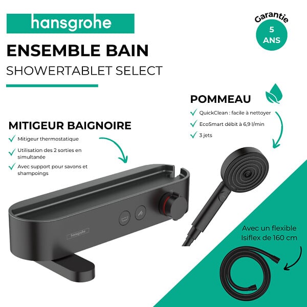 HANSGROHE - Pack mitigeur bain douche thermostatique ShowerTablet Select + Flexible Isiflex + Douchette Pulsify 3 jets Noir mat - large