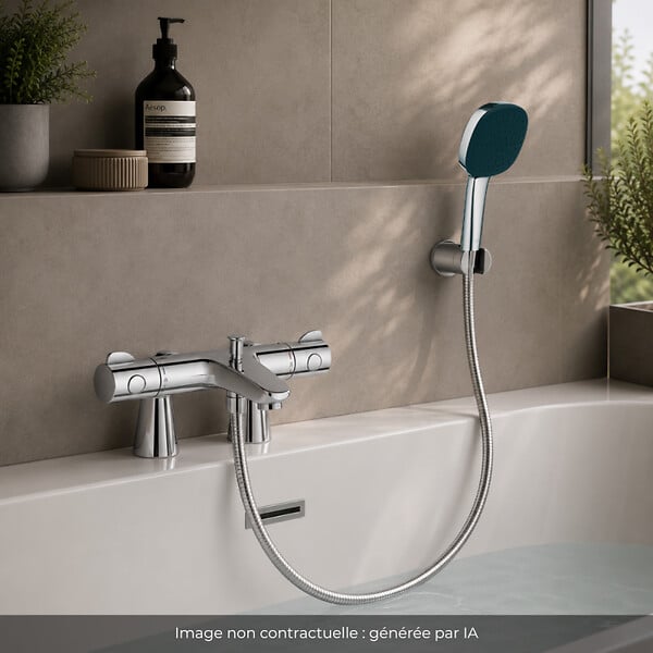 GROHE - Mitigeur baignoire thermostatique Grohtherm 800 avec colonnettes Idro'Flex + Douchette 2 jets Comfort + Flexible + Support - large