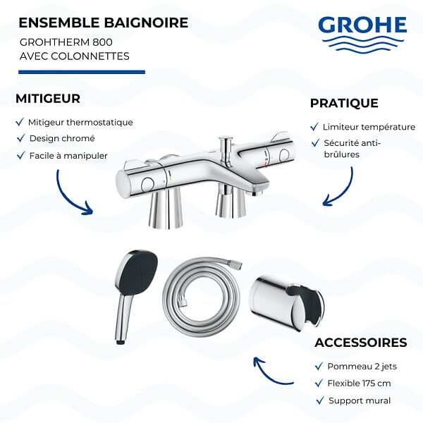 GROHE - Mitigeur baignoire thermostatique Grohtherm 800 avec colonnettes Idro'Flex + Douchette 2 jets Comfort + Flexible + Support - large