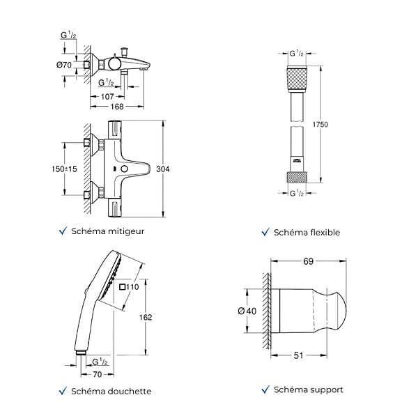 GROHE - Mitigeur baignoire thermostatique Grohtherm 800 avec colonnettes Idro'Flex + Douchette 2 jets Comfort + Flexible + Support - large