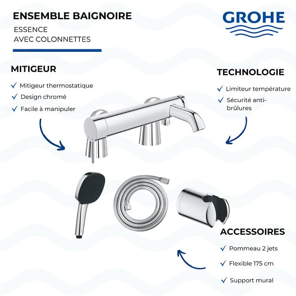 GROHE - Mitigeur baignoire mécanique Essence avec colonnettes Idro'Flex + Douchette 2 jets Comfort + Flexible + Support - large